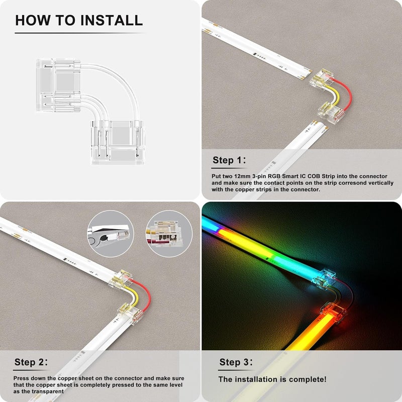 PAUTIX 12mm Connectors 10pcs L-Shaped/Corner Connectors,Solderless Terminal Extension Connection for 3-Pin RGB Smart IC COB LED Strip Lights,NOT for 10mm/8mm/5mm LED Tape Lights - Image 3